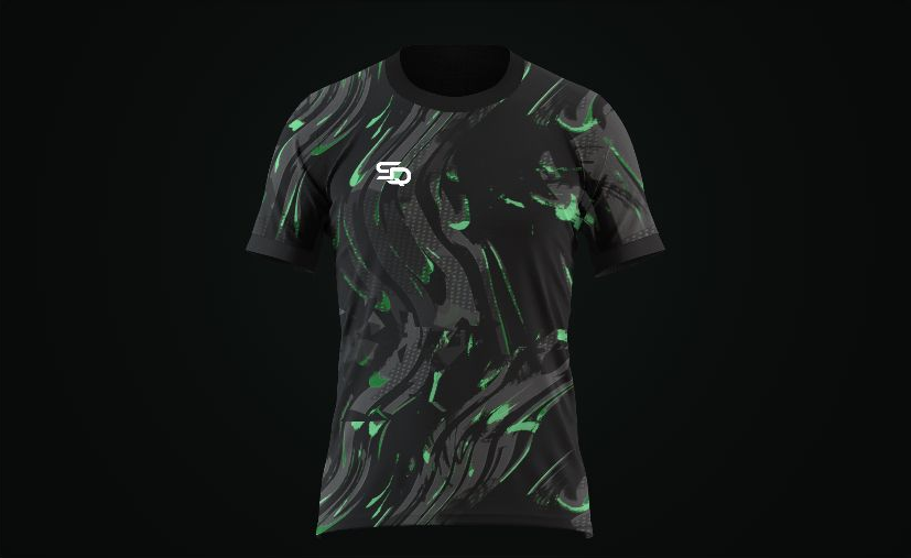 A black and green sample shirt rendered in the current SQD Kit Builder