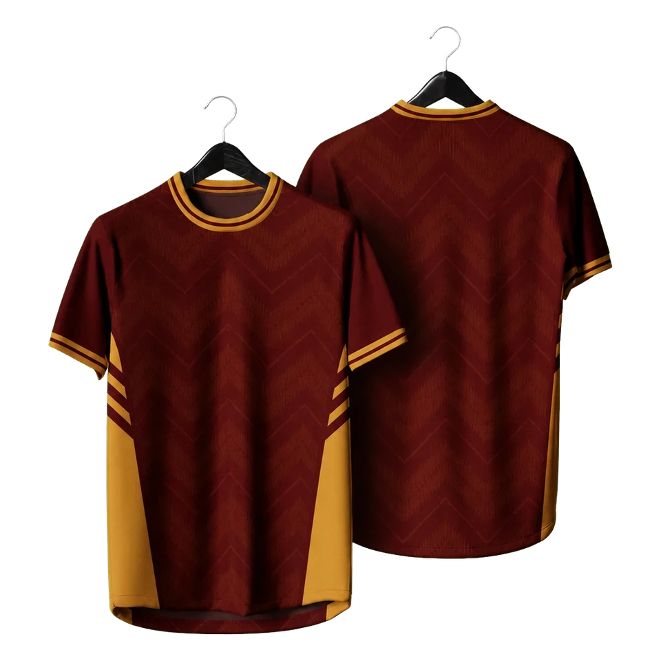 Maroon and gold unbranded football shirt shown on a hanger