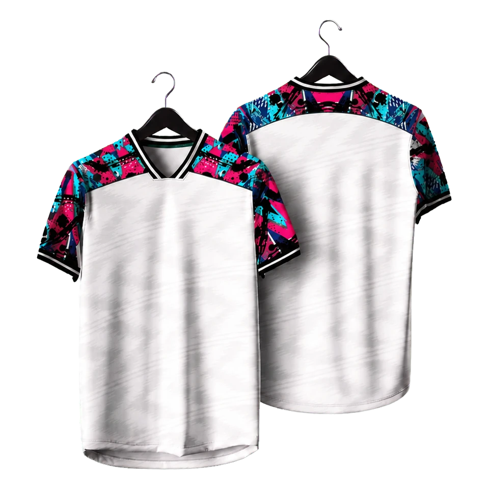 White football shirt with colourful patterned sleeves shown on a hanger