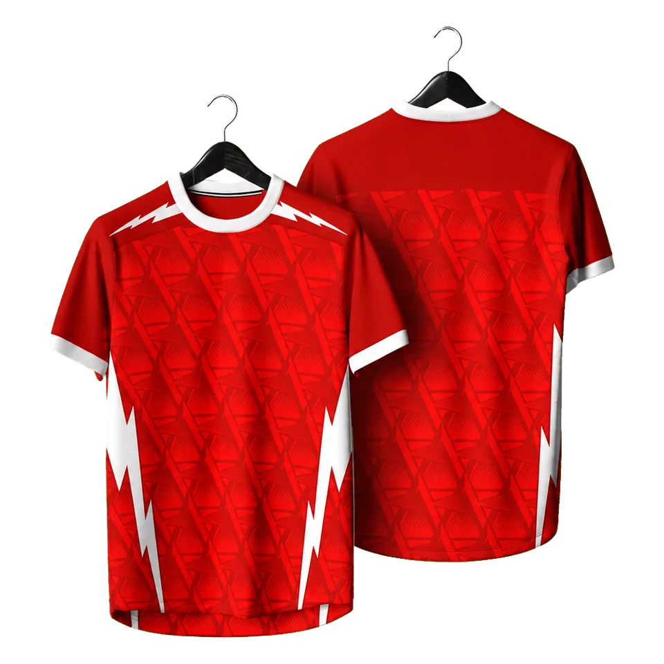Red geometric unbranded football shirt shown on a hanger