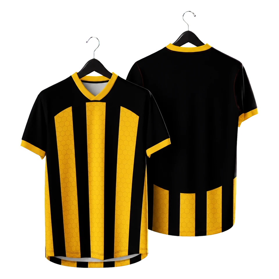Black and gold striped unbranded football shirt shown on a hanger