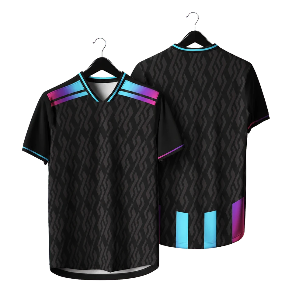 Black football shirt with coloured shoulder and hem detailing shown on a hanger