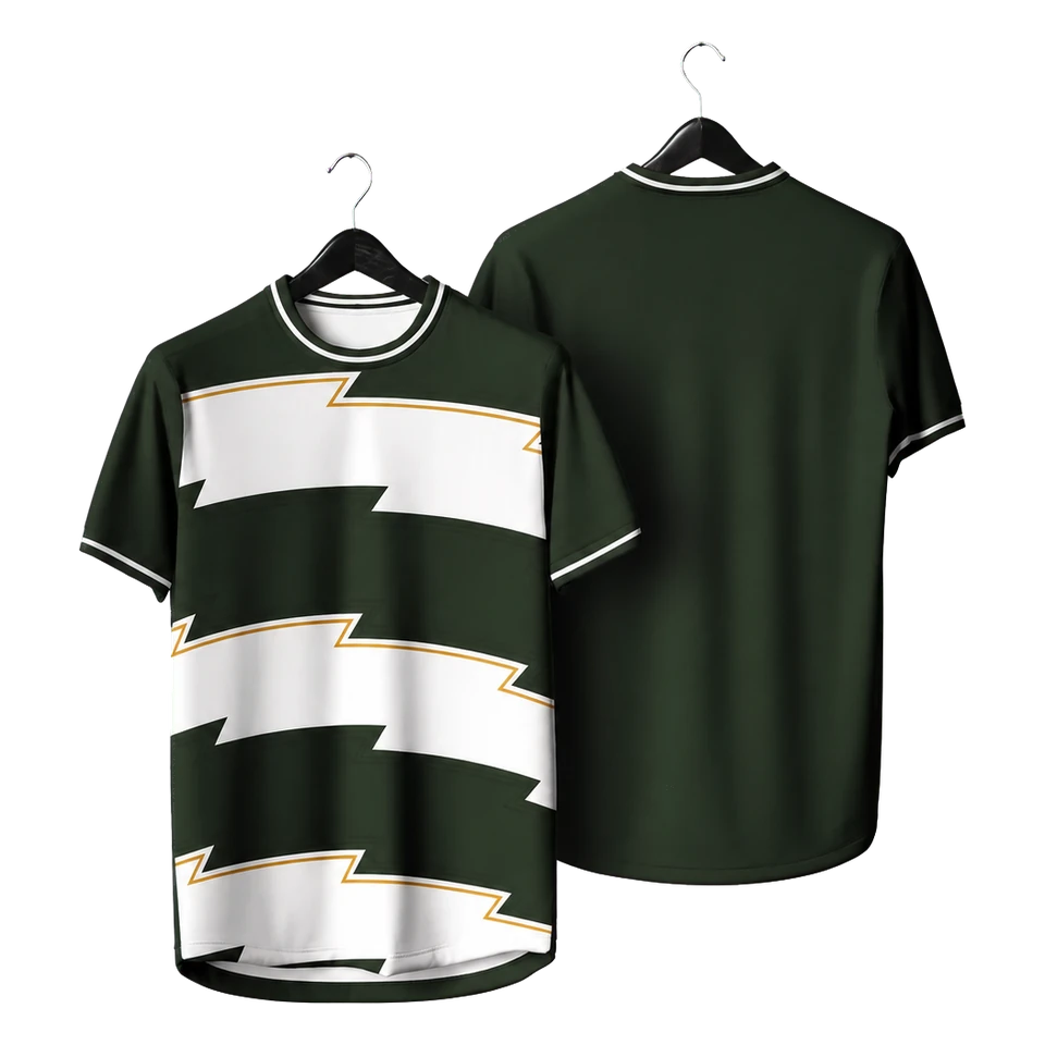Green and white angular unbranded football shirt shown on a hanger