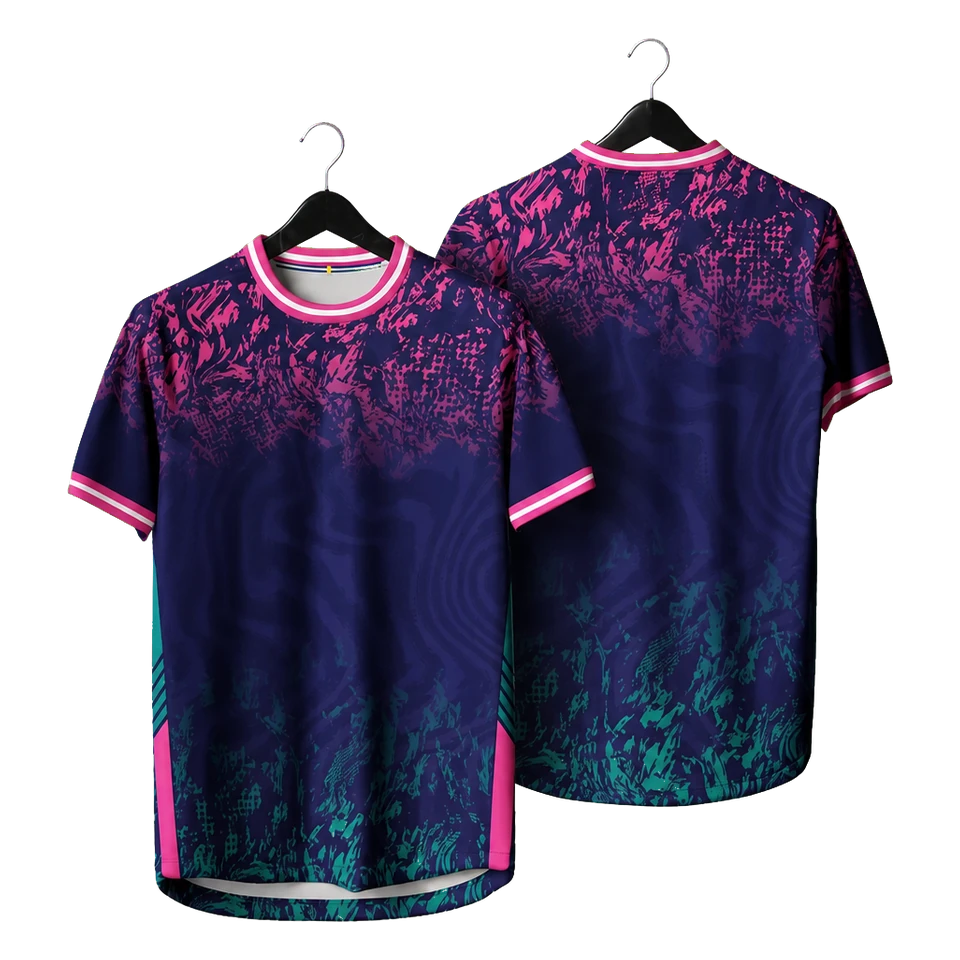 Navy football shirt with pink and turquoise texture shown on a hanger