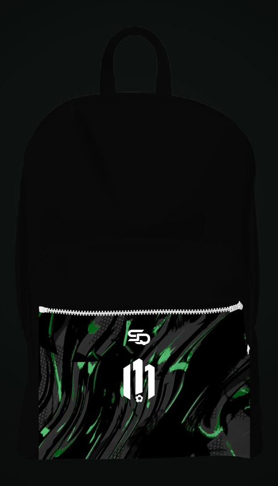 M11 Football Coaching backpack with the SQD logo and club badge correctly stacked on its patterned front pocket