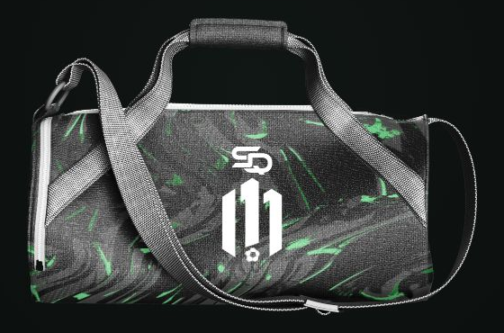 M11 Football Coaching duffle bag using the same black and green pattern, with one SQD logo above the club badge