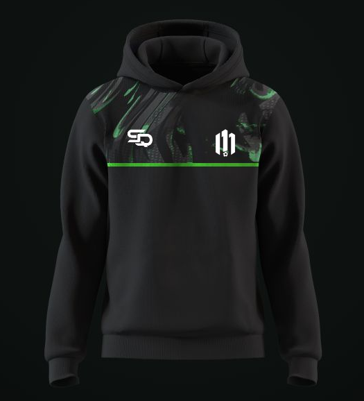 Black M11 Football Coaching hoodie with a patterned chest yoke and green trim