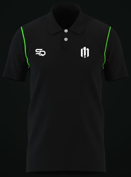 Plain black M11 Football Coaching polo shirt with green piping