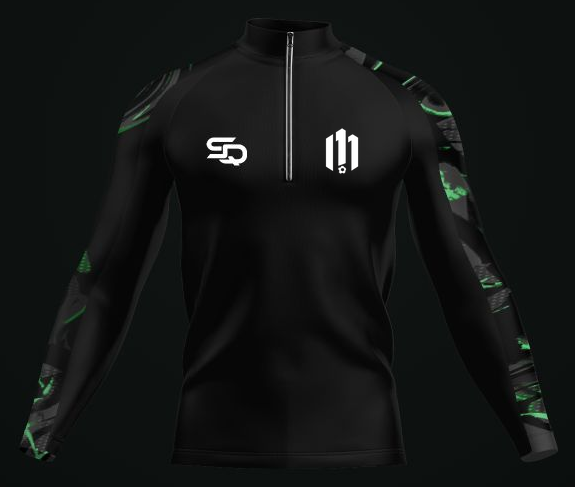Black M11 Football Coaching quarter-zip with patterned sleeves and green detailing